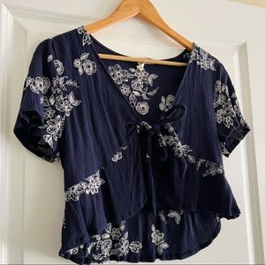 Sky and Sparrow Navy Blue Embroidered Tie Top